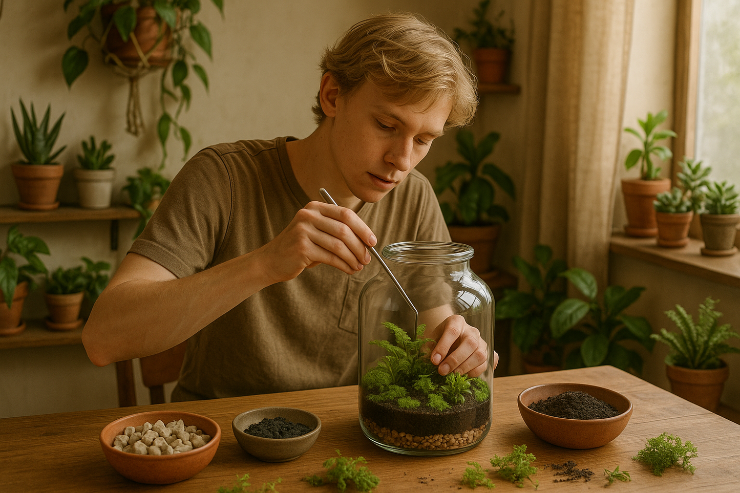 A person. young man, blonde hair. slender, building a closed terrariumm in a ecofriendly feel room