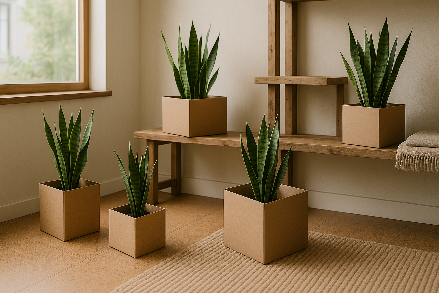 snake plants in cardboard boxes. no signage. room must have a eco friendly vibe
