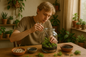 A person. young man, blonde hair. slender, building a closed terrariumm in a ecofriendly feel room