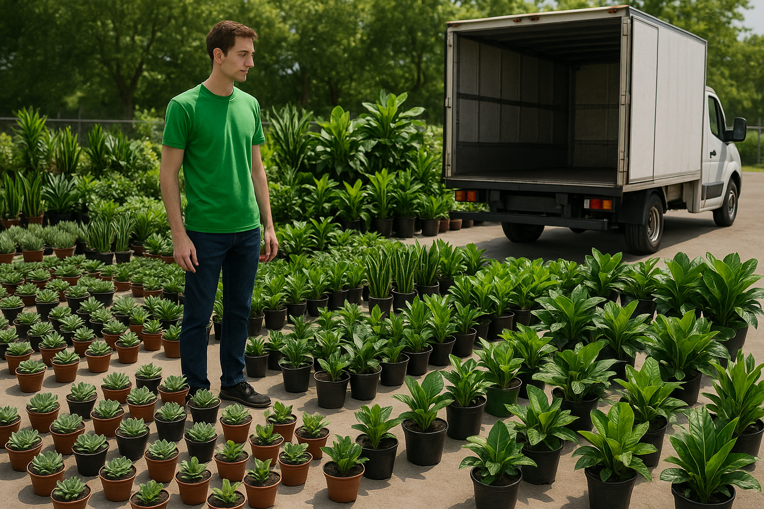 a slender man with a green t shirt standing next to 100s of plants standing next to a truck ready to be loaded