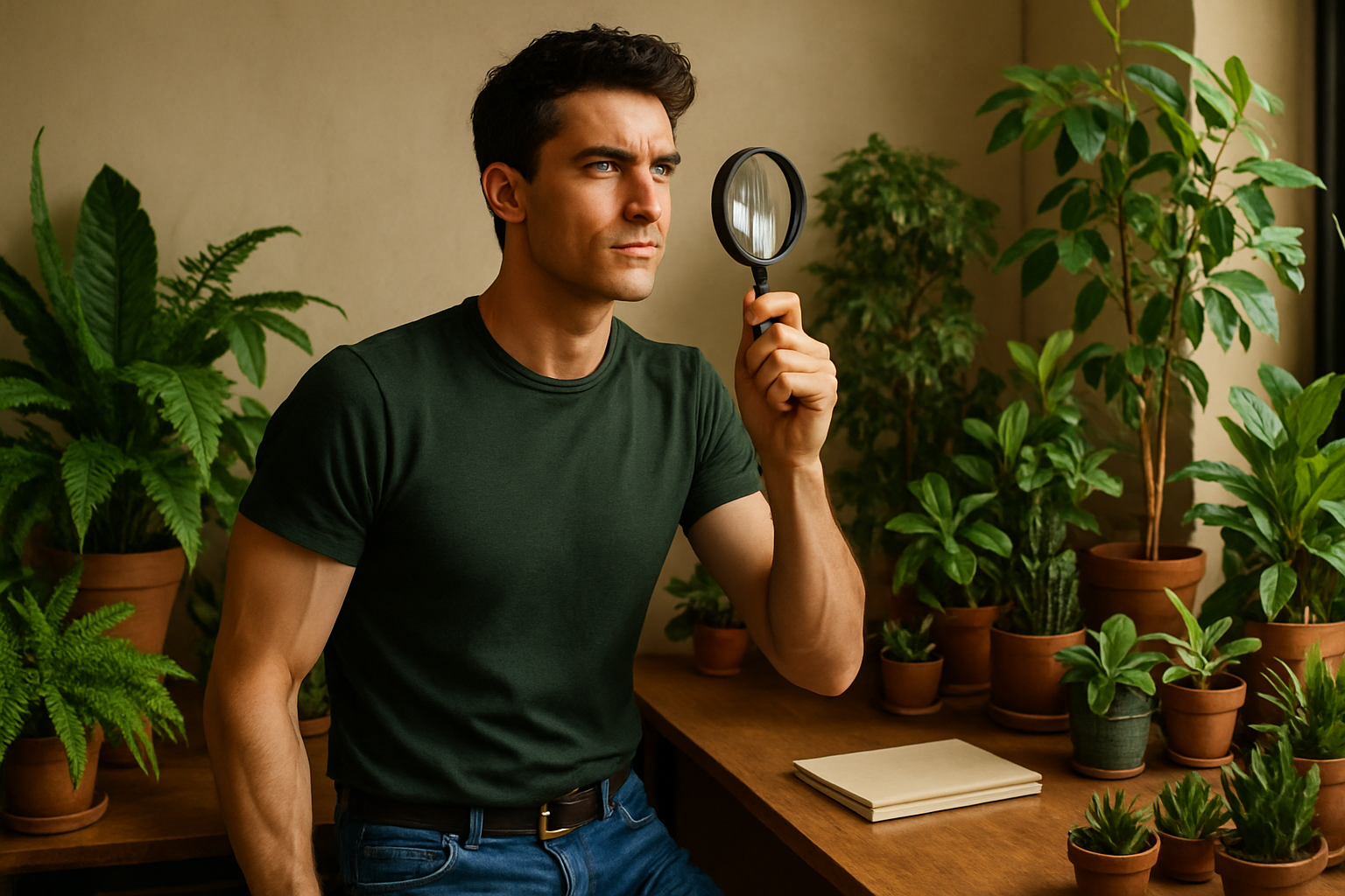 a slender man with nice biceps. wearing a green a dark green t shirt and blue jeans. standing holding a magnifying glass looking into the distance. he must have blue eyes and black hair. Lots of plants around him on a desk