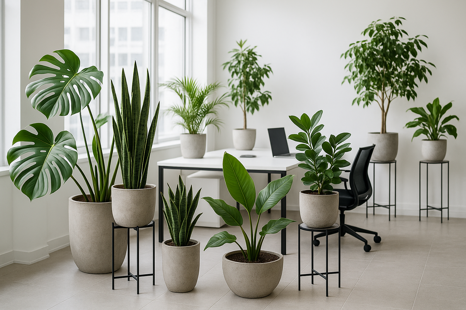 house plants in cement pots in a bright office space